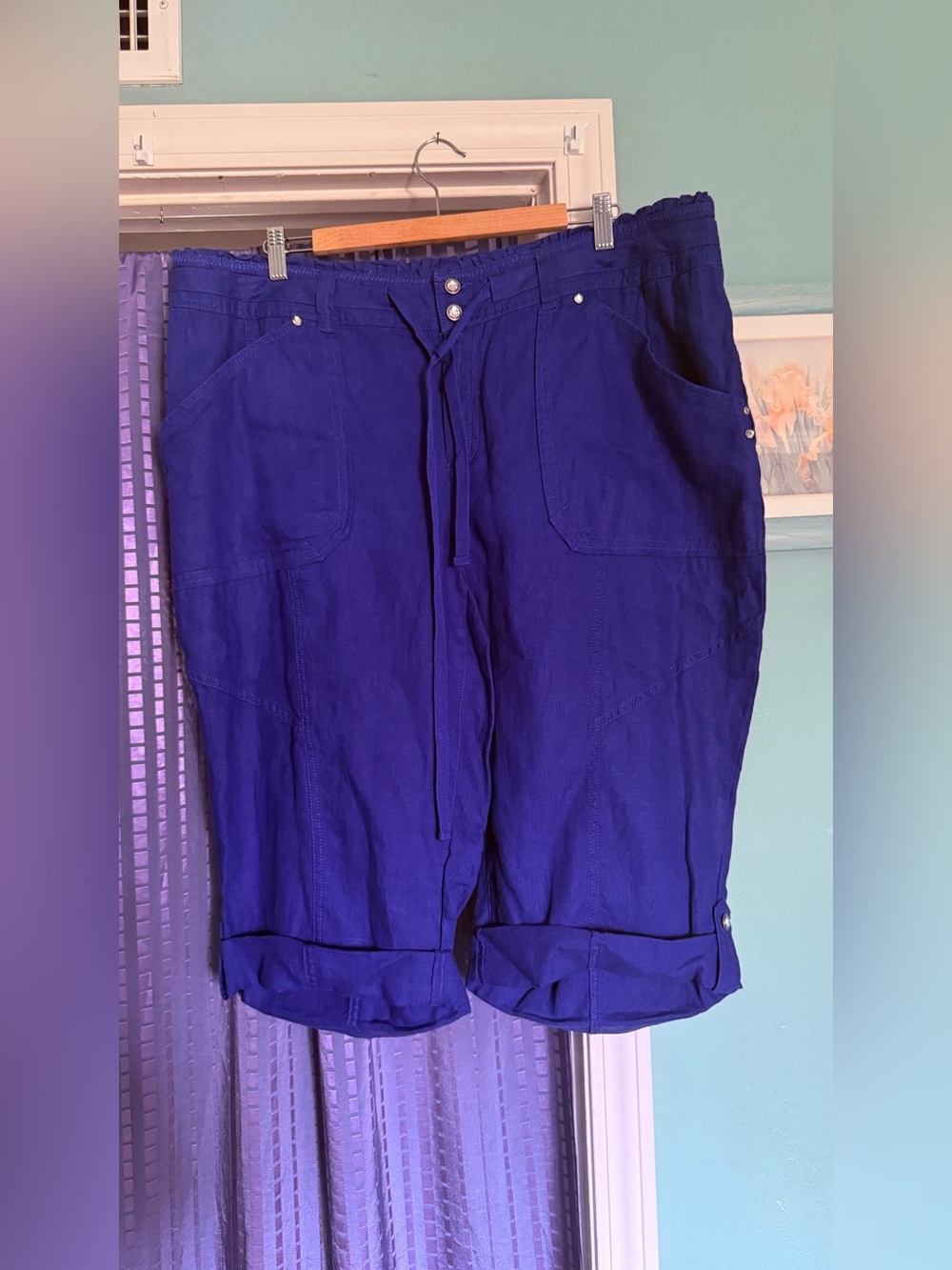 INC International Concepts 18W 100% Linen Cobalt Convertible Cargo Capri Pants
